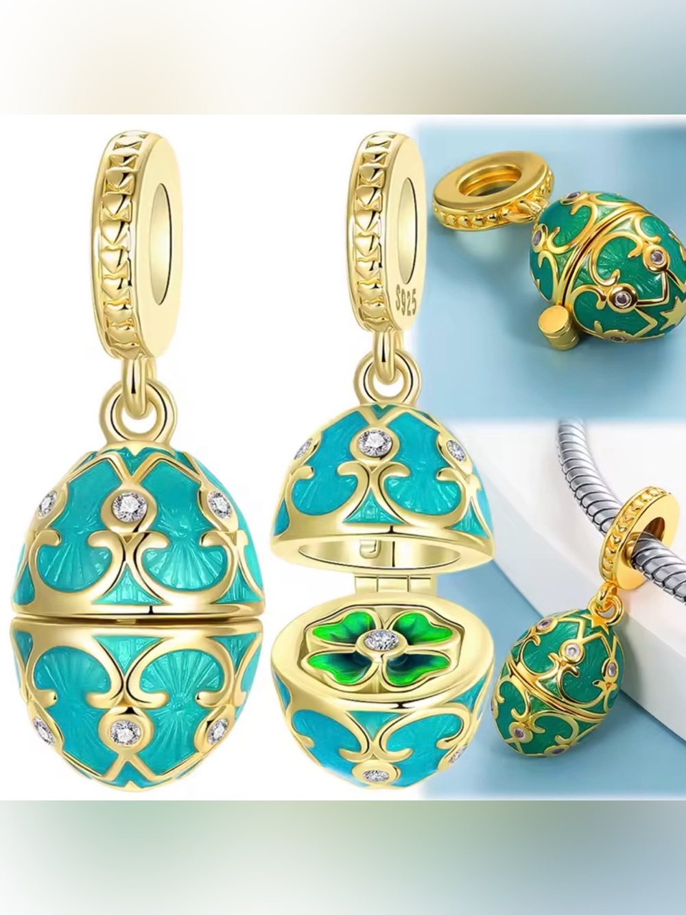 Pandora Gold & Turquoise Egg Locket Dangle charm